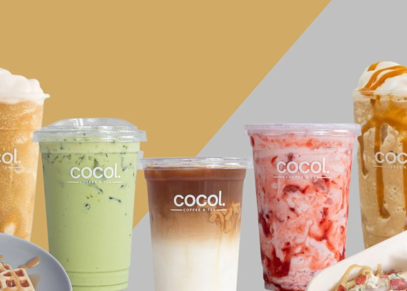A selection of iced drinks in Cocol Coffee and Tea cups.